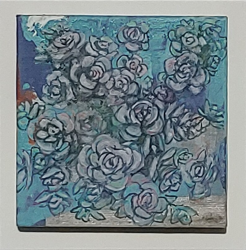 Original miniature handpainted oil painting by Erica Harney, sedum painting, shadowbox painting, square wall art, tiny painting of flowers image 3