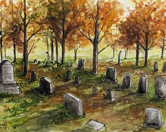 Original handpainted watercolor painting by Erica Harney, spooky fall landscape painting, cemetery watercolor painting, graveyard painting