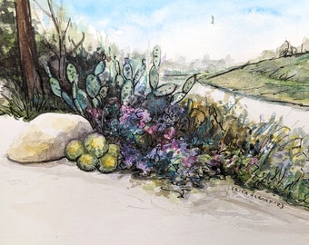 Original handpainted watercolor painting by Erica Harney, cactus garden painting, succulent painting, desert watercolor California landscape