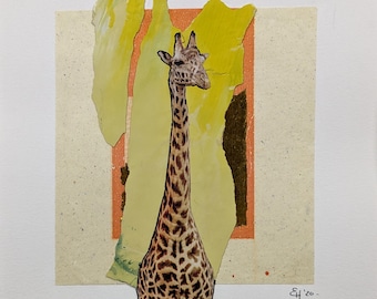 Original handmade cut paper collage, peeled paint collage, Erica Harney paint skin, giraffe art, animal print, abstract wall art, square art