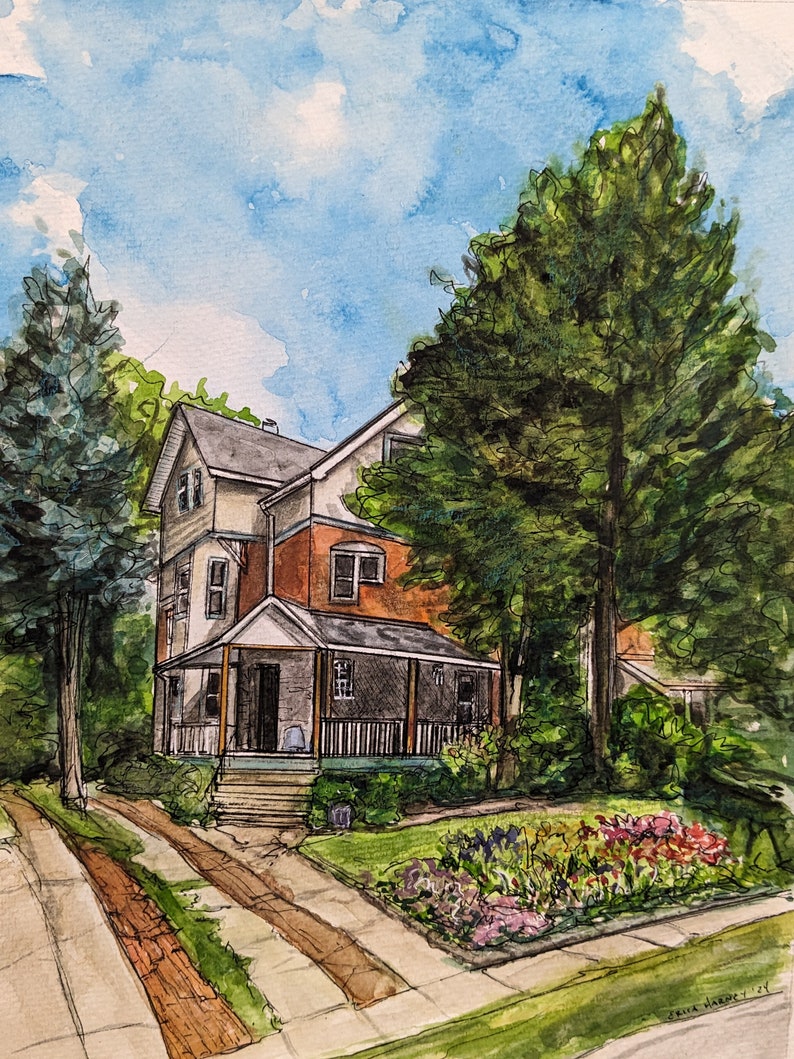 Custom ROWHOME Watercolor, Painting of Rowhouse, Townhouse, Twin