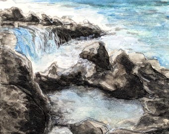 Original Hawaiian Seascape Watercolor Painting: Maui Cliffside Art. Handpainted and One-of-a-Kind