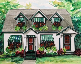 Original handpainted watercolor painting by Erica Harney, summer cottage illustration, Adirondack watercolor painting, Sacandaga painting