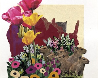 Original handmade cut paper collage, peeled paint collage, Erica Harney paint skin, abstract flower collage, prairie dog wall art, upcycled