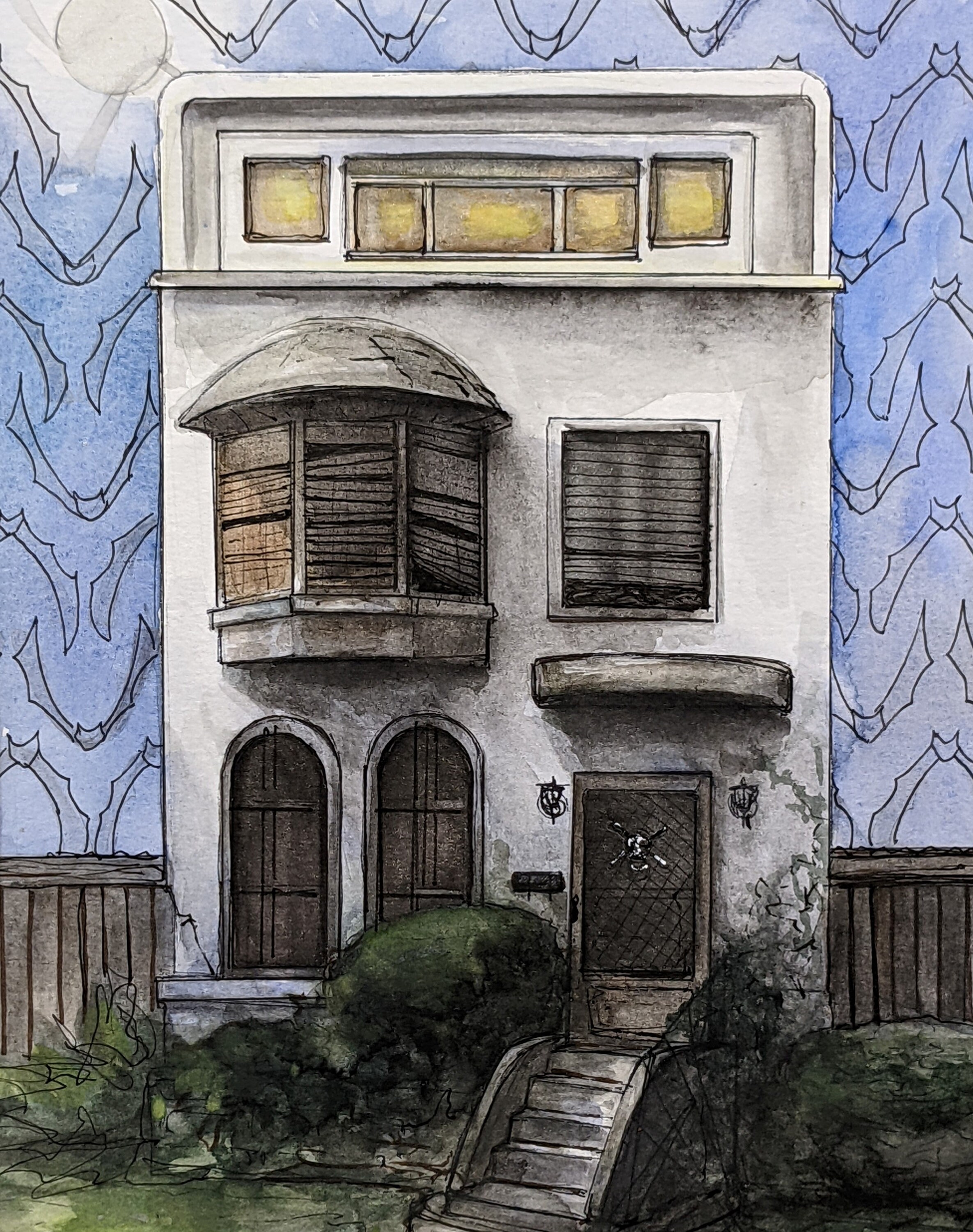Original handpainted watercolor painting by Erica Harney, spooky haunted house watercolor, spooky painting, house illustration, St Louis MO