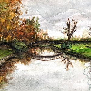 Original handpainted watercolor painting, autumn landscape watercolor, fall landscape painting handmade, Lancaster County, rural landscape