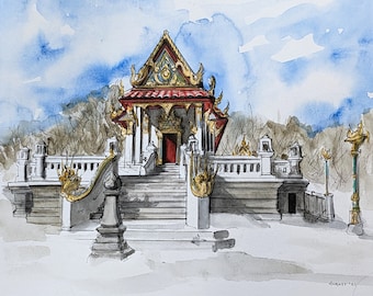 Original handpainted watercolor painting by Erica Harney, Wat Mongkoltepmunee Buddhist temple painting, snowy winter landscape, Philly scene