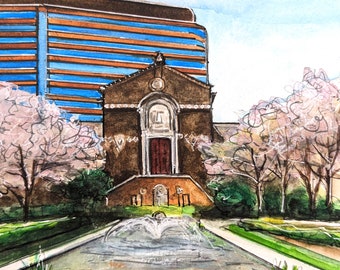 Original handpainted watercolor by Erica Harney, Penn Museum Philadelphia, Philly cityscape painting, Philly watercolor, spring landscape