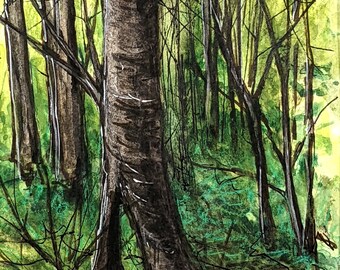 Original handpainted watercolor painting by Erica Harney, tree watercolor painting, forest painting, watercolor landscape painting of trees