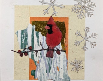 Original handmade cut paper collage, peeled paint collage, Erica Harney paint skin, cardinal snowflake collage, square wall art, abstract