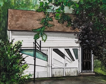 Original handpainted watercolor painting by Erica Harney, Swarthmore house watercolor painting, Philly art studio painting, cottage painting