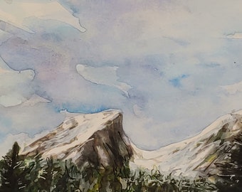 Original handpainted watercolor painting by Erica Harney, painting of mountains, Rocky Mountains, snowy winter Colorado landscape painting