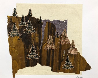 Original handmade cut paper collage, peeled paint collage, Erica Harney paint skin, abstract wall art, abstract mountain landscape, trees