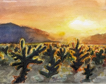 Original hand-painted watercolor painting, desert landscape painting, small watercolor painting of desert sunset with cacti by Erica Harney