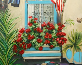 Original handpainted oil painting by Erica Harney, colorful Balboa Park oil painting, painting of geraniums, original San Diego oil painting