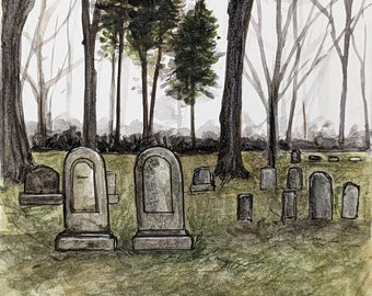 Original handpainted watercolor painting by Erica Harney, spooky fall landscape painting, cemetery watercolor painting, graveyard painting