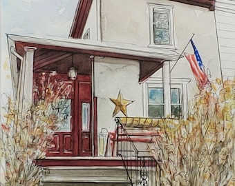 Original handpainted watercolor painting by Erica Harney, Philadelphia house watercolor, Philly house illustration, winter landscape, Delco