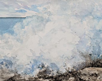 Original Watercolor Painting: Crashing Wave, Hawaiian Landscape Art. Handpainted and One-of-a-Kind