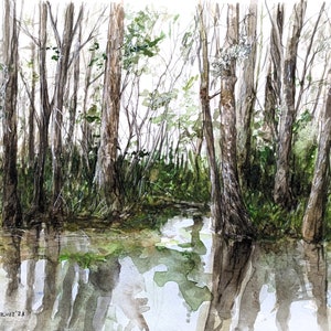 Original handpainted watercolor, Louisiana bayou, bayou landscape, watercolor landscape, original painting, swamp painting, Erica Harney art