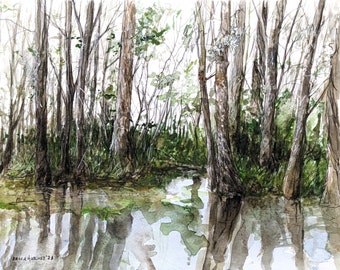 Original handpainted watercolor, Louisiana bayou, bayou landscape, watercolor landscape, original painting, swamp painting, Erica Harney art