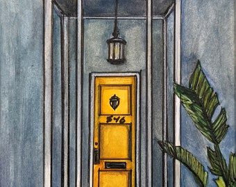 Original handpainted watercolor painting by Erica Harney, painting of door, Los Angeles door painting, LA watercolor painting, LA cityscape