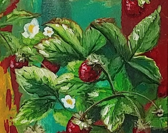 Original miniature handpainted oil painting by Erica Harney, strawberry painting, shadowbox painting, square wall art strawberry kitchen art