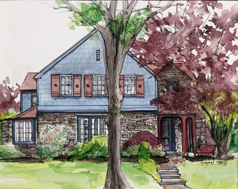 Original handpainted watercolor painting by Erica Harney, spring landscape watercolor painting, blue cottage art, Philly house illustration