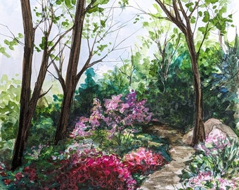 Original handpainted watercolor by Erica Harney, spring landscape painting, painting of azaleas, watercolor landscape painting, Philly art