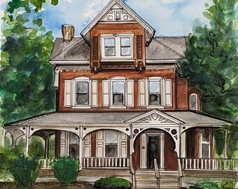 Original handpainted watercolor painting by Erica Harney, Victorian house painting, house watercolor illustration, Media PA, Delco painting