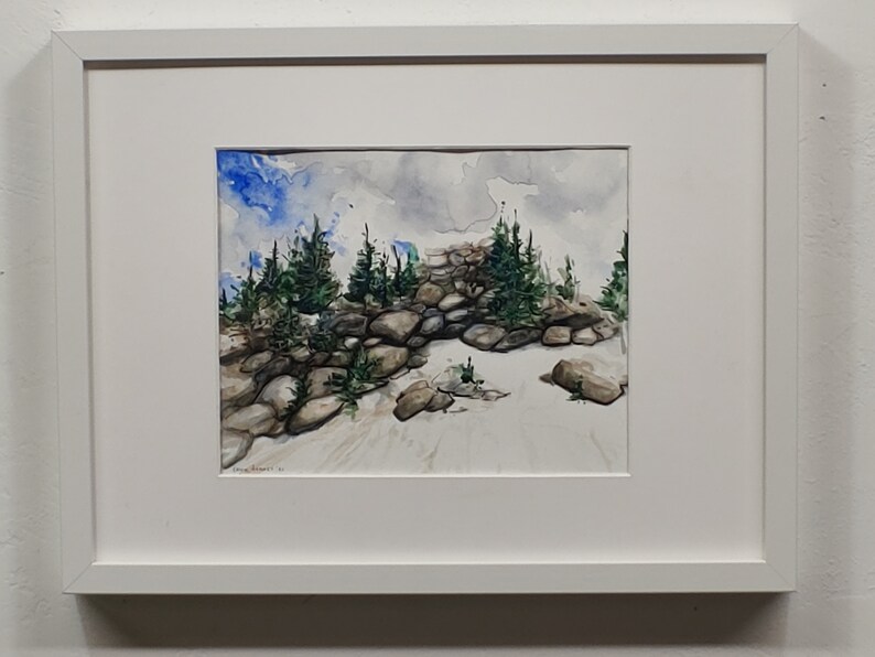 Original handpainted watercolor painting by Erica Harney, Colorado landscape painting, Rocky mountain watercolor painting, snowy landscape 10x8" + white/plexi