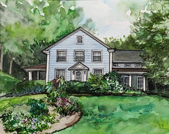 Original handpainted watercolor painting by Erica Harney, Swarthmore house watercolor painting, blue house painting, Philadelphia painting