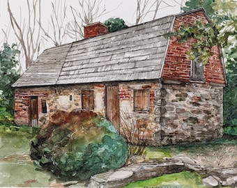 Original handpainted watercolor painting by Erica Harney, Caleb Pusey house watercolor, Philadelphia house painting, old house illustration