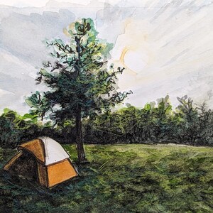 Original handpainted watercolor painting by Erica Harney, nighttime landscape painting, painting of tent, evening landscape, camping trip image 1