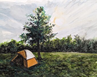 Original handpainted watercolor painting by Erica Harney, nighttime landscape painting, painting of tent, evening landscape, camping trip