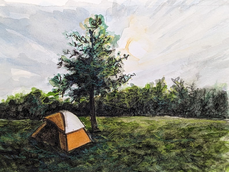 Original handpainted watercolor painting by Erica Harney, nighttime landscape painting, painting of tent, evening landscape, camping trip image 1