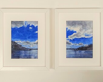 Set of 2 original handpainted watercolor paintings by Erica Harney, watercolor landscape, best friend gift, small framed painting diptych