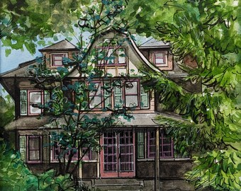 Original handpainted watercolor painting by Erica Harney, Swarthmore house watercolor painting, Philly house illustration, original painting