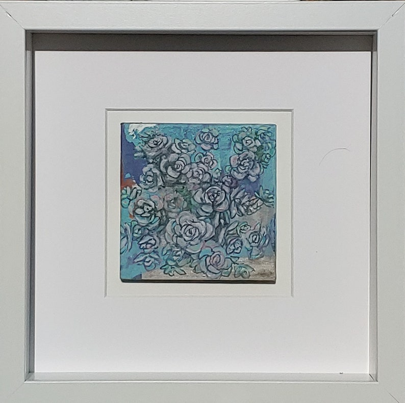 Original miniature handpainted oil painting by Erica Harney, sedum painting, shadowbox painting, square wall art, tiny painting of flowers image 2