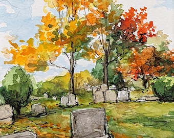Original handpainted watercolor by Erica Harney, fall landscape painting, landscape watercolor, painting of cemetery, graveyard, Halloween