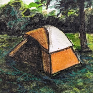 Original handpainted watercolor painting by Erica Harney, nighttime landscape painting, painting of tent, evening landscape, camping trip image 3
