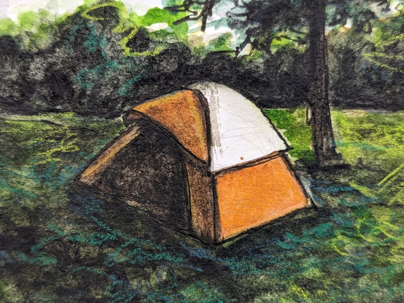 Original handpainted watercolor painting by Erica Harney, nighttime landscape painting, painting of tent, evening landscape, camping trip image 3