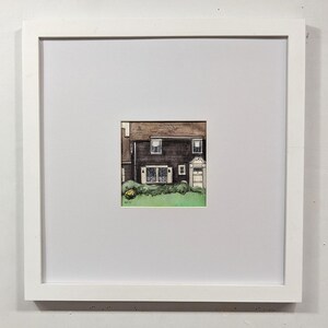 Original handpainted watercolor painting, mini illustration, small watercolor, mini watercolor, square wall art framed, cedar house painting