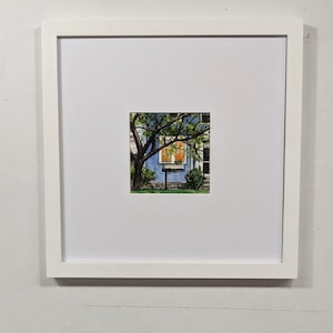 Original handpainted mini watercolor painting, blue house illustration, small watercolor, square wall art framed, Philly house handpainted