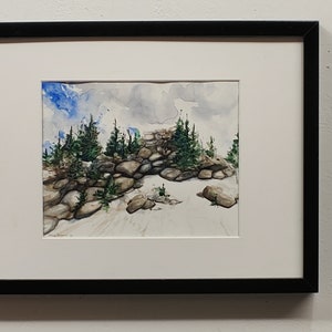 Original handpainted watercolor painting by Erica Harney, Colorado landscape painting, Rocky mountain watercolor painting, snowy landscape 10x8" + black/plexi