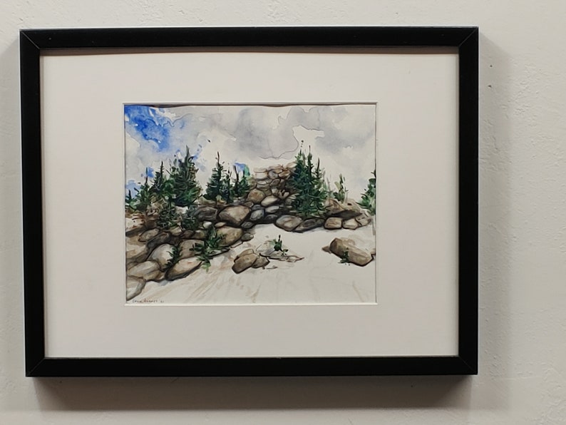 Original handpainted watercolor painting by Erica Harney, Colorado landscape painting, Rocky mountain watercolor painting, snowy landscape 10x8" + black/plexi