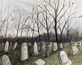 Original handpainted watercolor painting by Erica Harney, spooky fall landscape painting, cemetery watercolor painting, graveyard painting