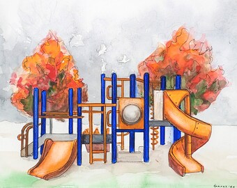 Custom SCHOOL watercolor, painting of university, playground. Gift for teacher, professor, graduate, retirement, hand-painted, Erica Harney