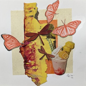 Original handmade cut paper collage, peeled paint collage, Erica Harney paint skin, abstract butterfly collage, smoothie wall art, upcycled
