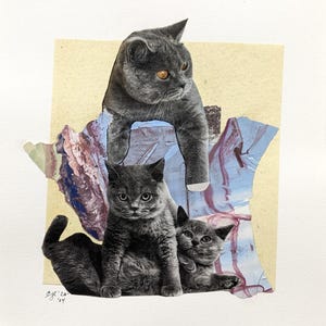 Original handmade cut paper collage with peeled paint, abstract collage with kittens, peeled paint collage, kitten wall art, one of a kind