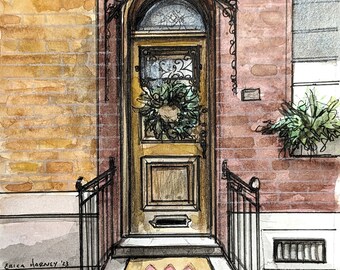 Original handpainted watercolor painting by Erica Harney, Philly door watercolor painting, Philly house watercolor painting, Philadelphia